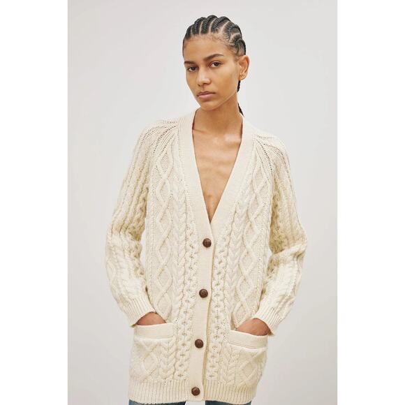 Nili Lotan Sweaters - Nili Lotan Ivory Orion Cable-knit Wool Button Front Cardigan Sweater Size Medium